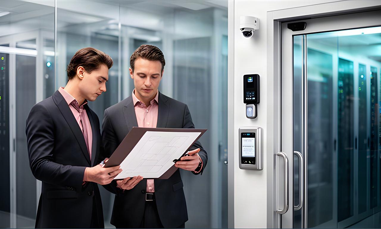 企業の警備計画を確認する担当者と、入退管理設備のあるデータセンター施設